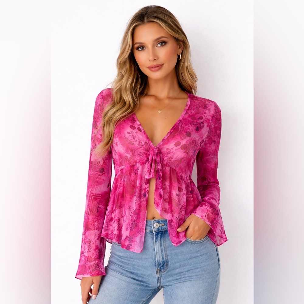 Shein Pink Y2K Boho Sheer Mesh Tie Front Bell Sleeve Festival Blouse Rose small